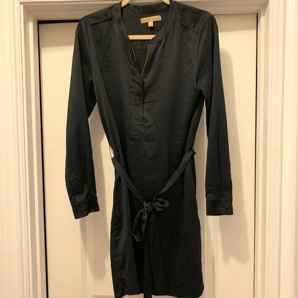 Stylish black satin dress with belt
